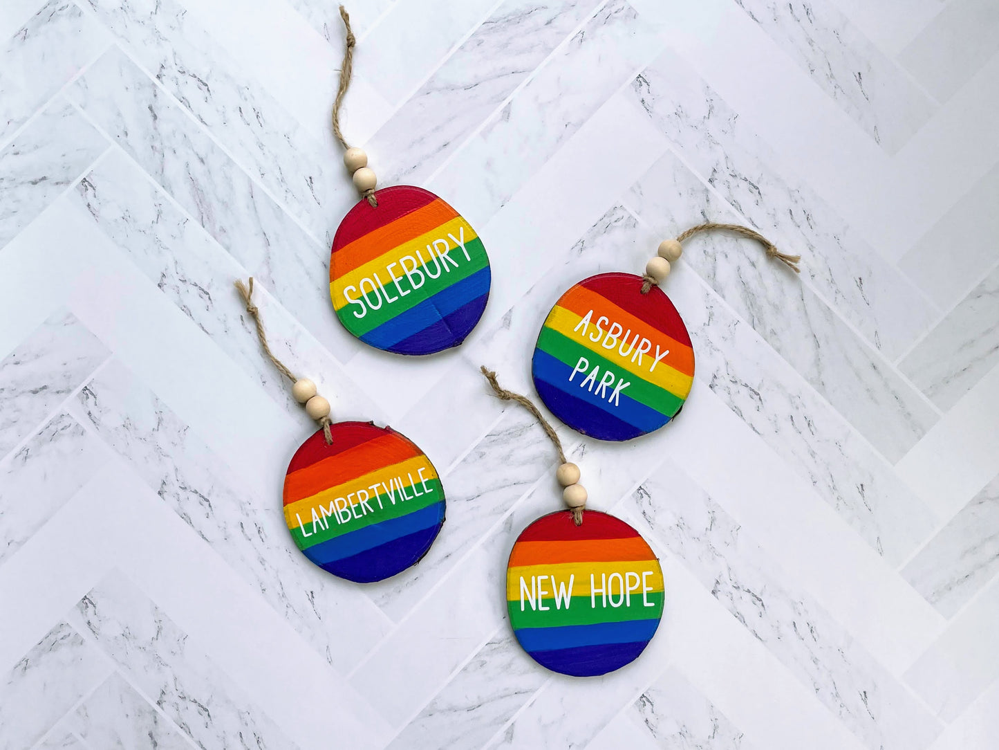 Rainbow Town Name Tree Slice Ornament